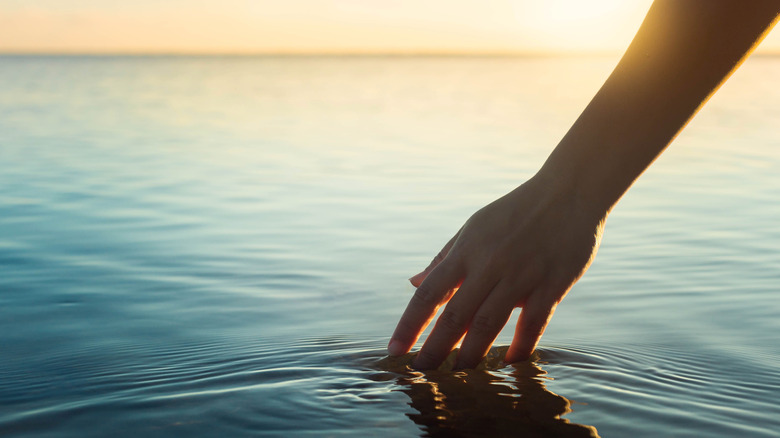 Hand touching ocean water 