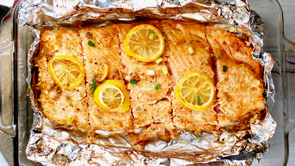 Baked Salmon in a foil lined dish