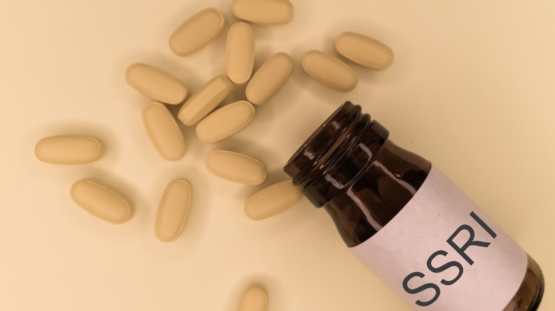 Bottle of spilled antidepressants