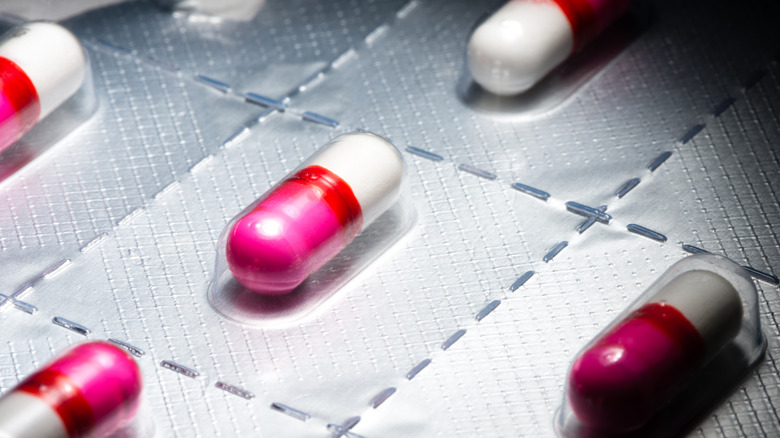 Pink antihistamine Benadryl capsules in blister pack