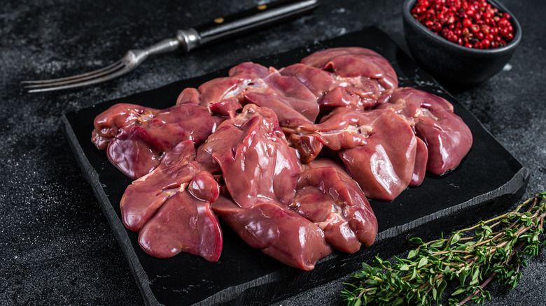 Chicken liver meat on slab