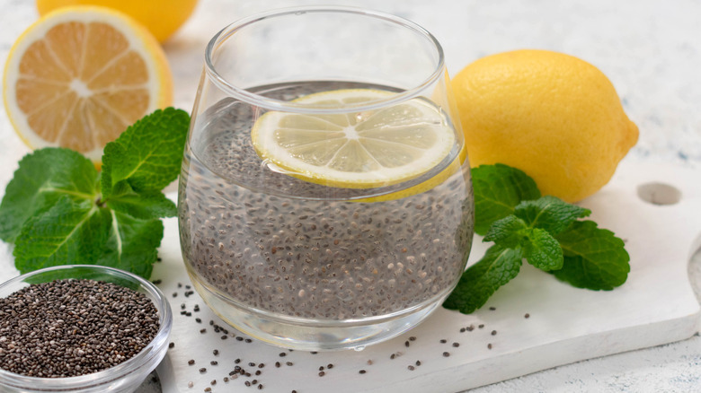 Glass of water with chia seeds