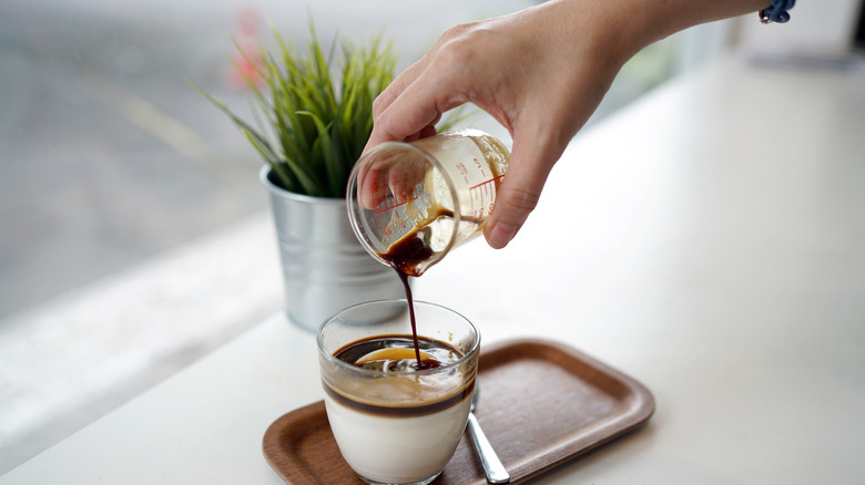 Yogurt with chocolate topping