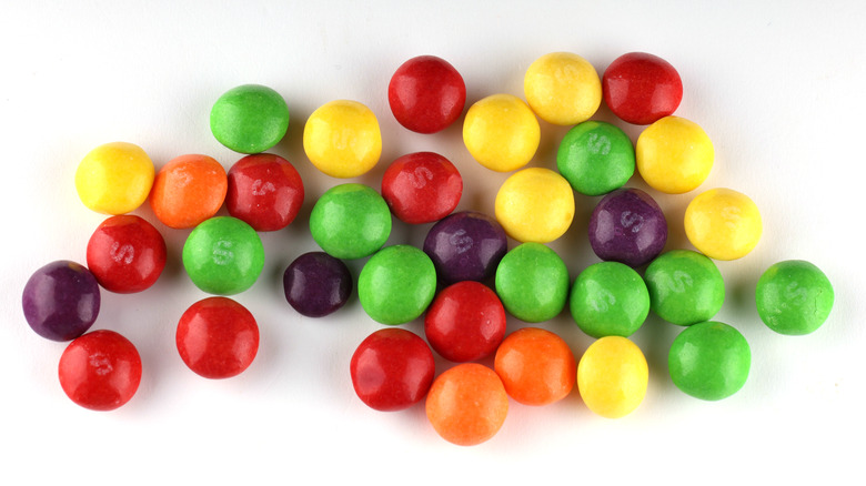 Various colored Skittles candy
