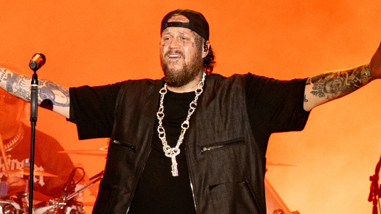 Jelly Roll talking with the audience at a concert