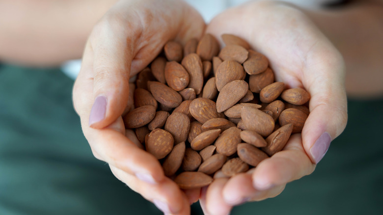 A woman's hands holding almonds