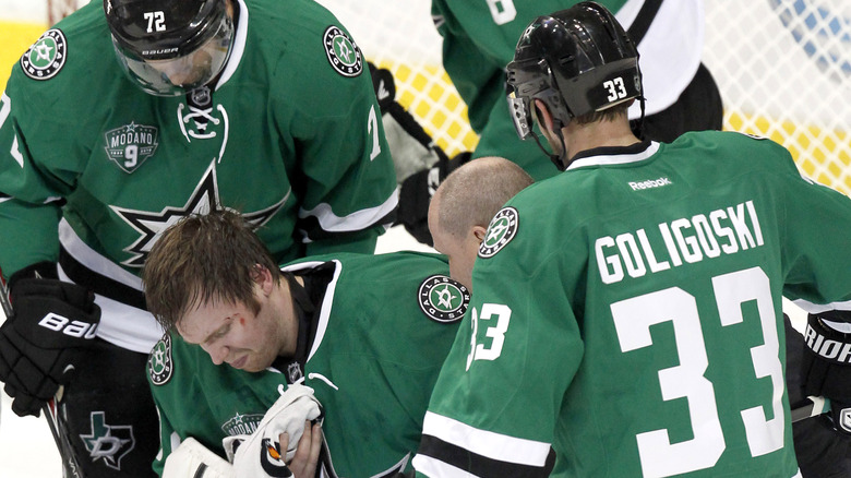 Kari Lehtonen after suffering a concussion during an NHL game