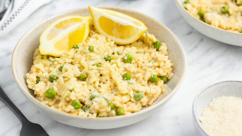 pea risotto in bowl 