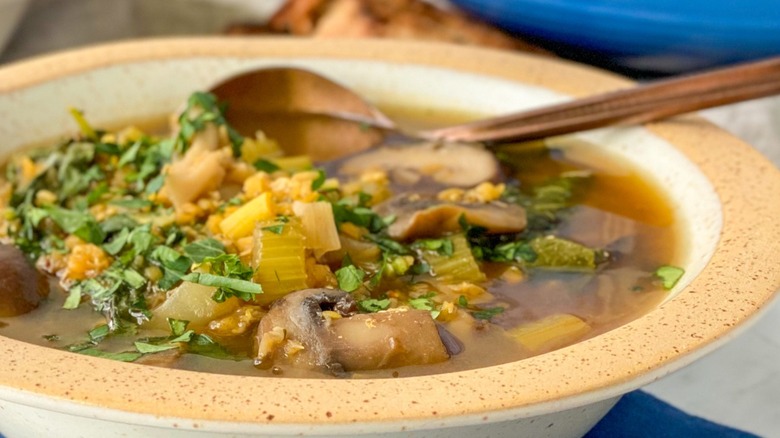 bowl lentil and mushroom soup