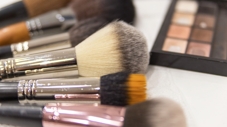 array of makeup brushes 