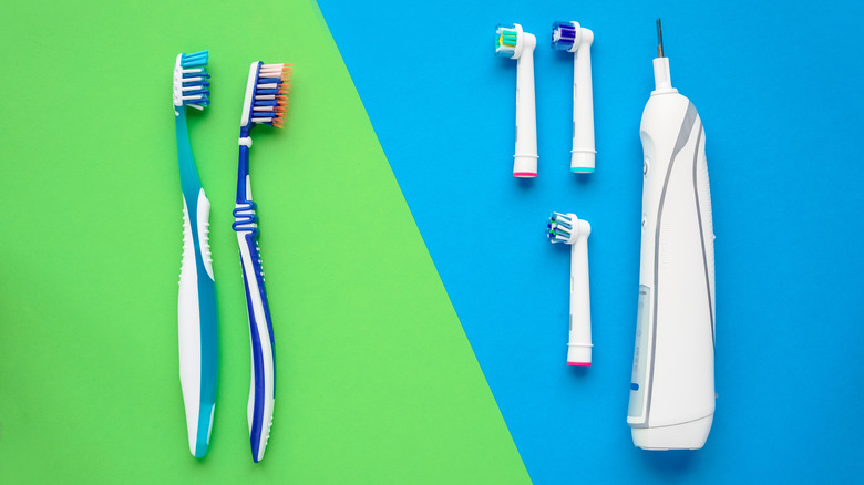 Side by side view of manual  and electric toothbrushes