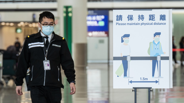COVID-19 safety signs at Hong Kong International Airport