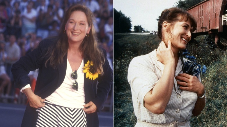 Side by side photos of Meryl Streep posing at awards ceremony and while filming "The Bridges of Madison County"