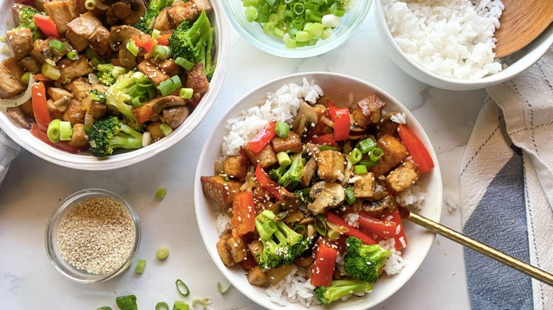 miso tofu stir fry in bowls