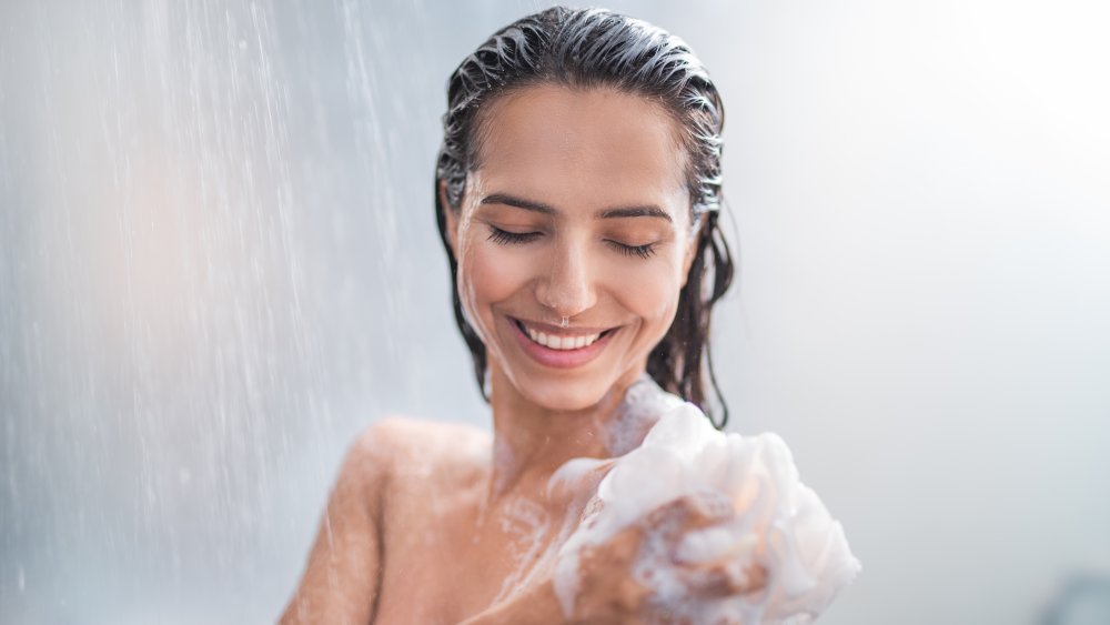 woman showering