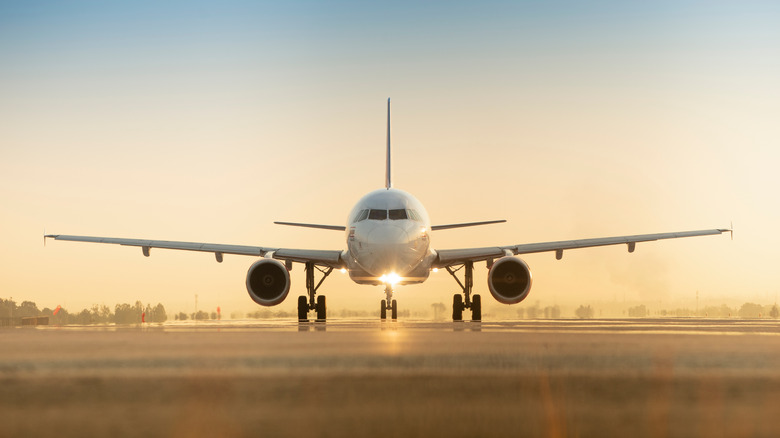 Plane touching down on a runway