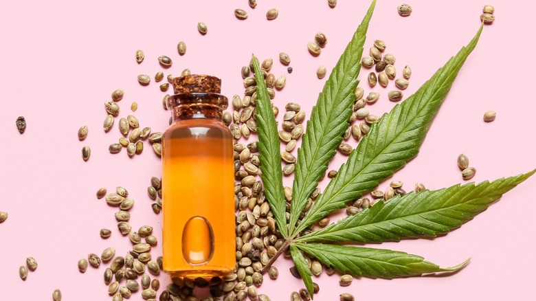 Cannabis leaf, oil, and seeds