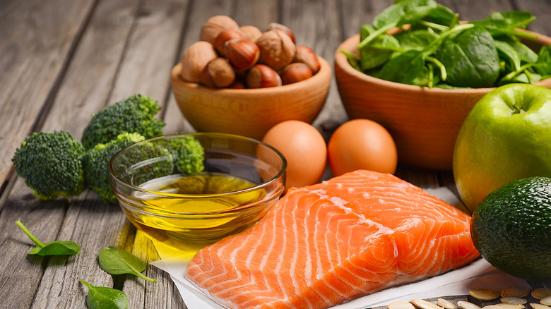 salmon, eggs, fruits, and vegetables