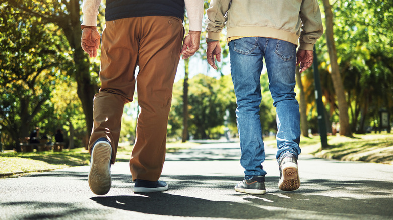 image of mature men walking outdoors from behind