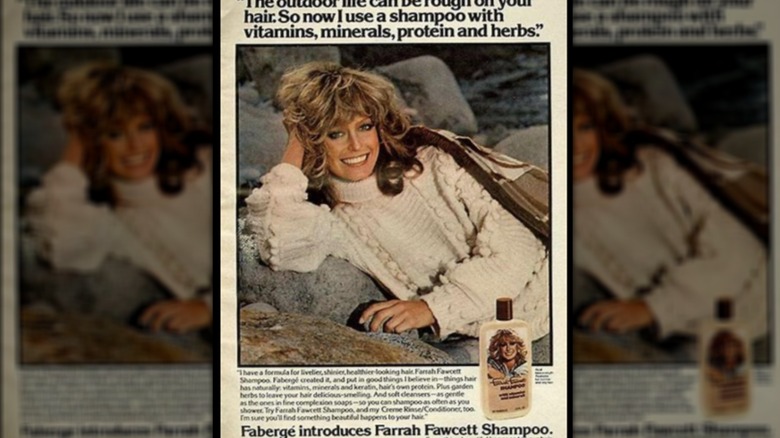 Vintage 1970s ad with Farrah Fawcett modeling for Faberge shampoo