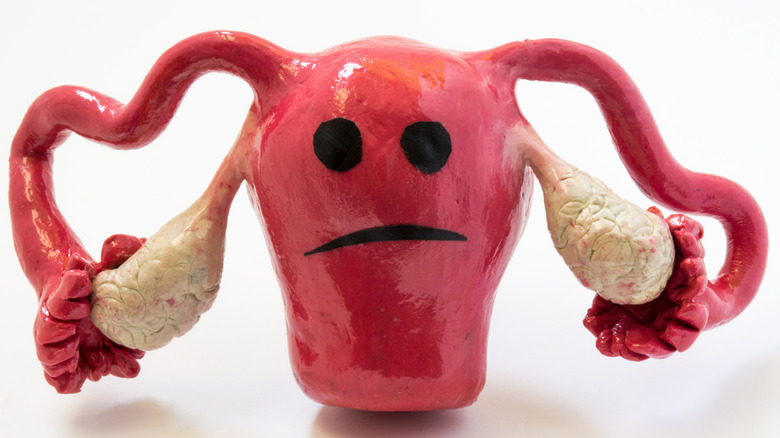 sad uterus with ovaries white background