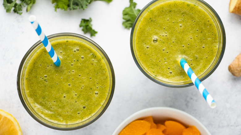 two peach kale smoothies