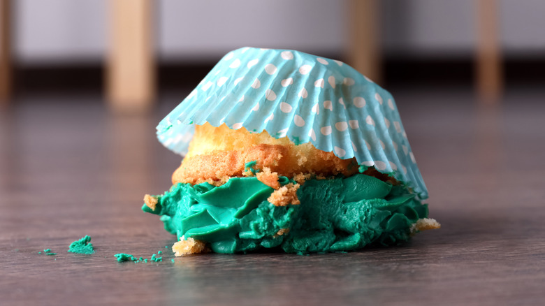 An upside-down cupcake on the floor