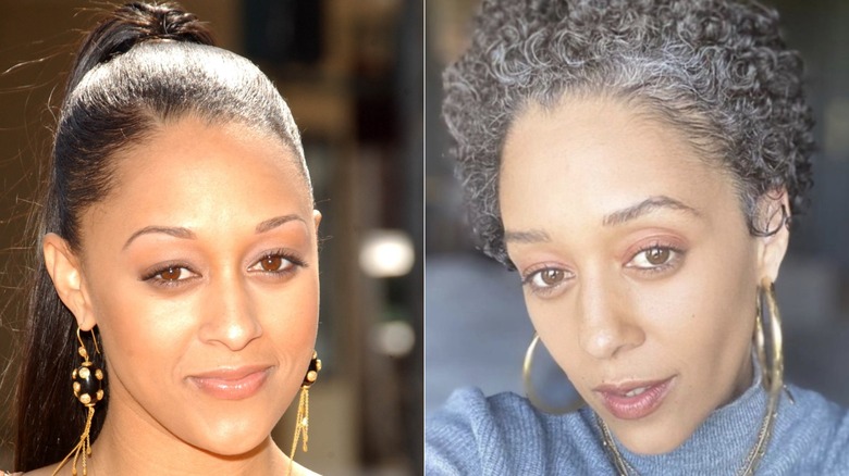 Tia Mowry when she first started getting gray hairs as a young adult and embracing her grays in midlife