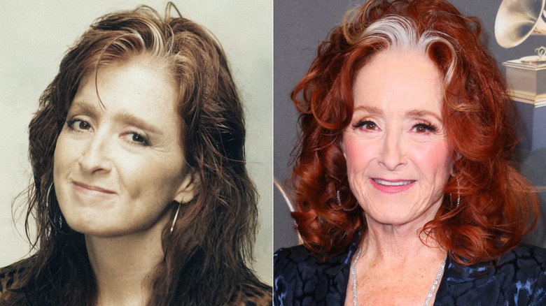 Bonnie Raitt and her signature white streak when she was younger and in her later years