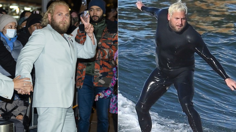 Jonah Hill at a publicity event and captured surfing