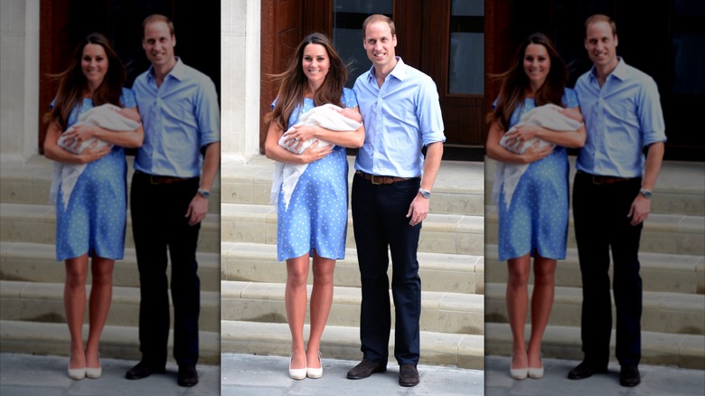 Catherine, Duchess of Cambridge and Prince William, Duke of Cambridge departing The Lindo Wing with their newborn son at St Mary's Hospital