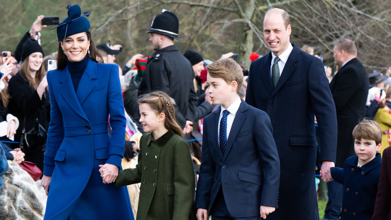 Catherine, Princess of Wales, Princess Charlotte of Wales, Prince George of Wales, Prince William, Prince of Wales, Prince Louis of Wales attending the Christmas Morning Service at Sandringham Church