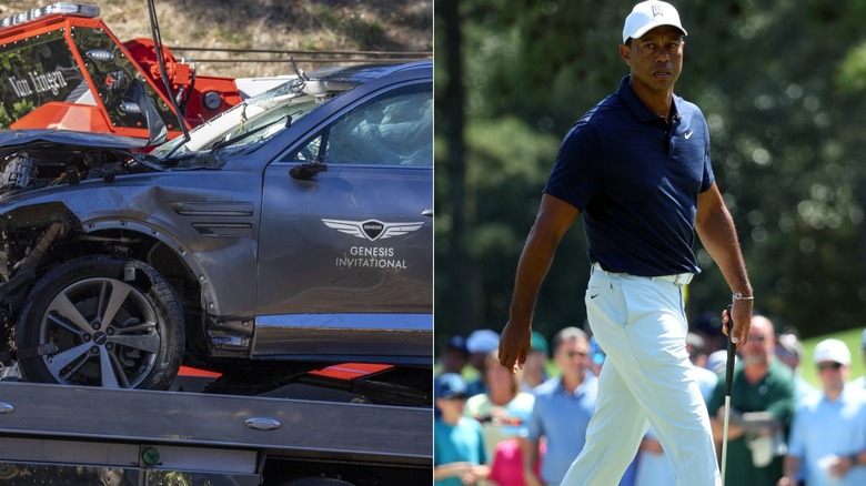 The vehicle Tiger Woods was driving during a 2021 car accident and him at his first tournament in 2022