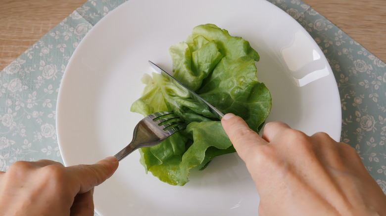 person cutting a leaf of lettuce on a plate