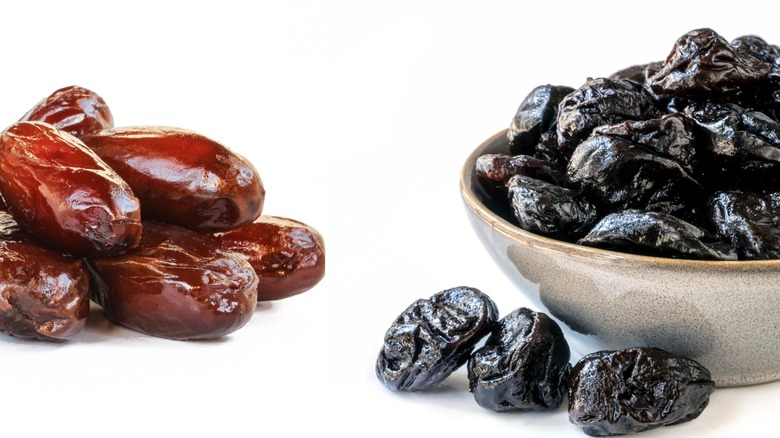 close up of dried dates and dried prunes