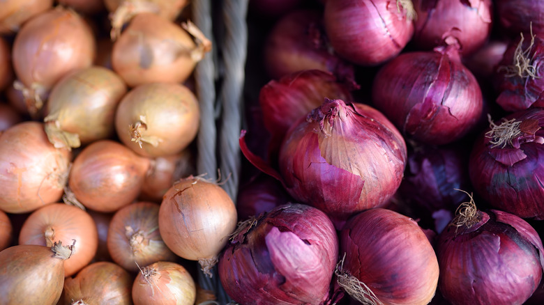 different colored onions in baskets