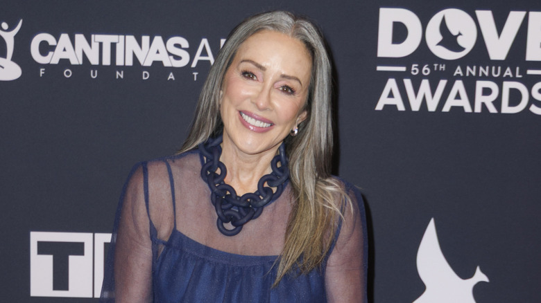 Patricia Heaton smiling and showing off her silver hair at a publicity event in October 2025.