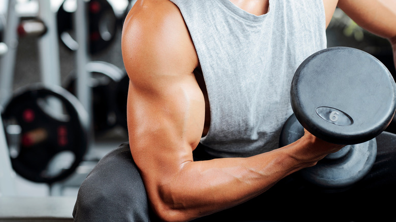 man doing bicep curls with dumbbells