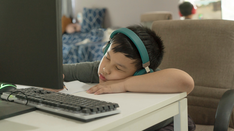 Little boy asleep at computer