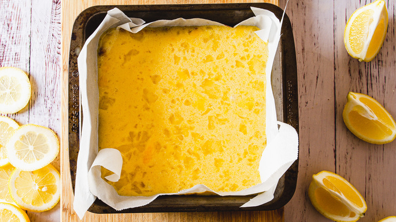 lemon filling batter in pan