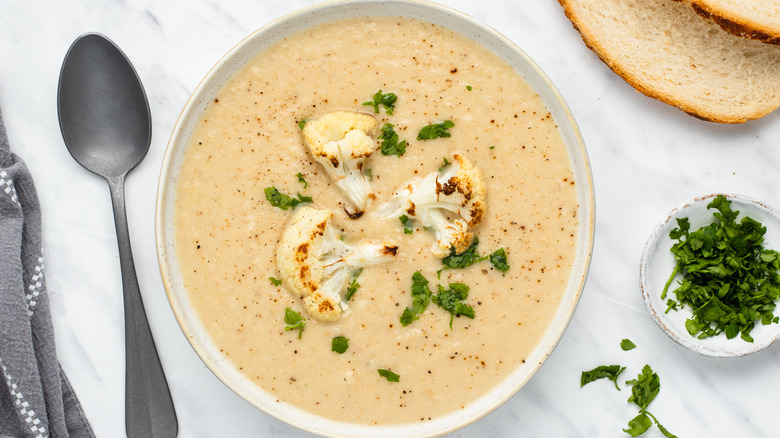 cauliflower soup in bowl 