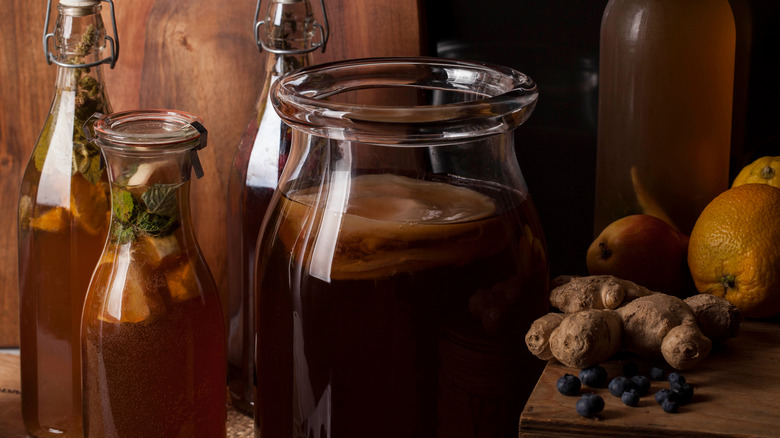 glass containers filled with kombucha 