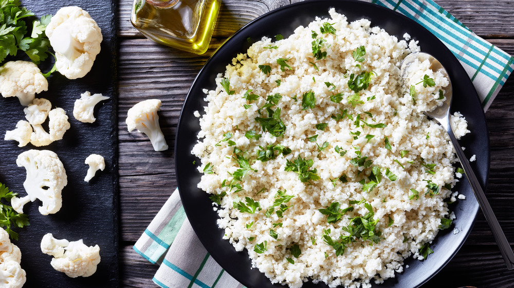 Overhead view of cauliflower rice