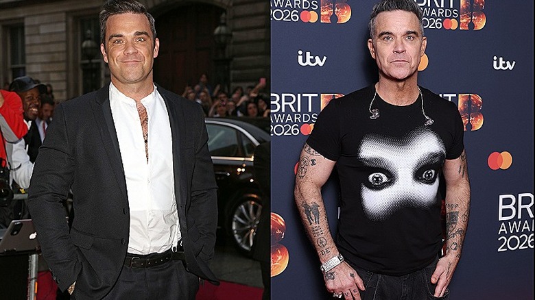 Side-by-side photos showing Robbie Williams' weight loss