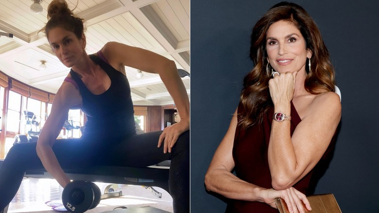 One photo of Cindy Crawford working out and one of her posing