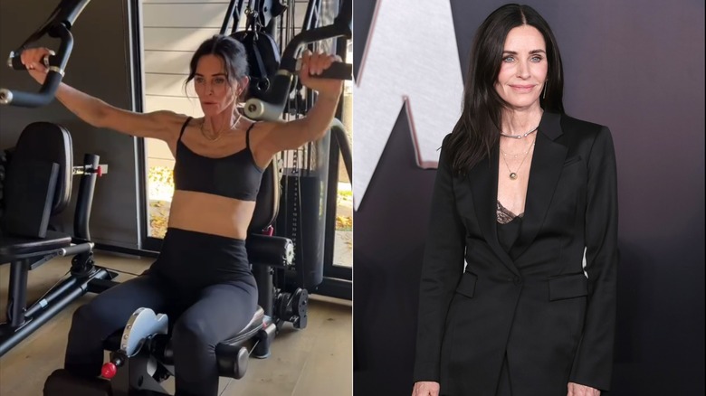 One photo of Courteney Cox working out and one of her posing at a red carpet