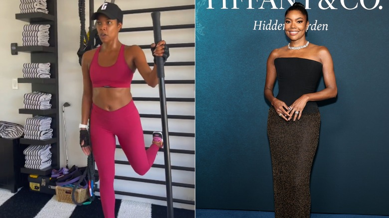 One photo of Gabrielle Union working out and one of her posing at a public event