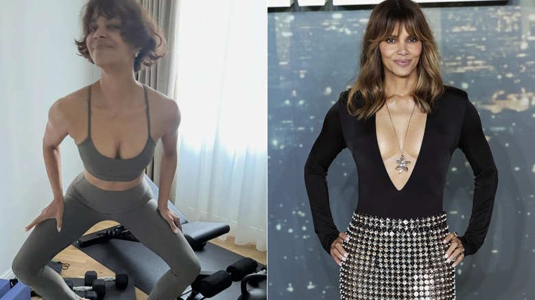 One photo of Halle Berry working out and one of her posing at a red carpet