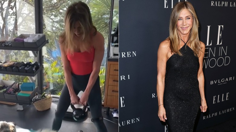 One photo of Jennifer Aniston working out and one of her posing at a red carpet