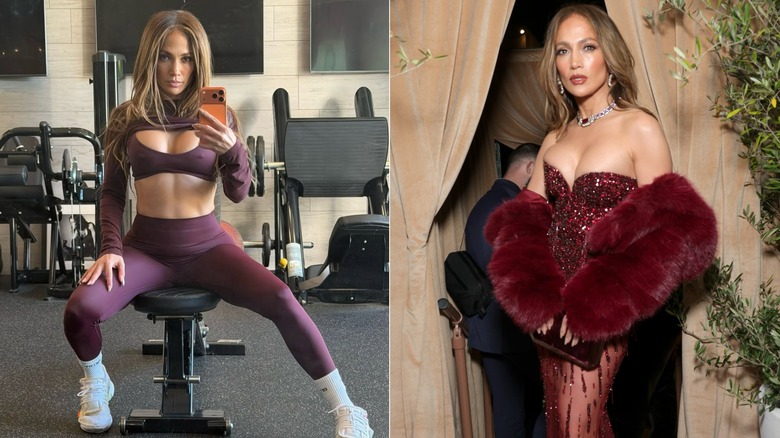 One photo of Jennifer Lopez working out and one of her posing at a red carpet